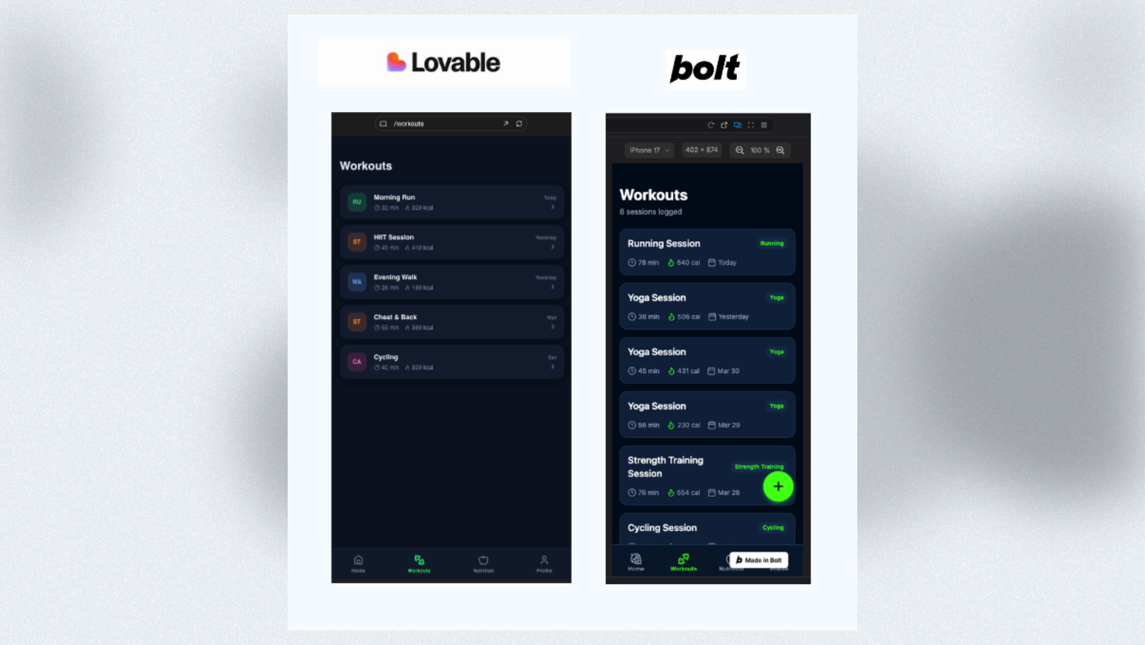 Side-by-side comparison of Lovable and Bolt PaceUp app outputs showing UI quality differences
