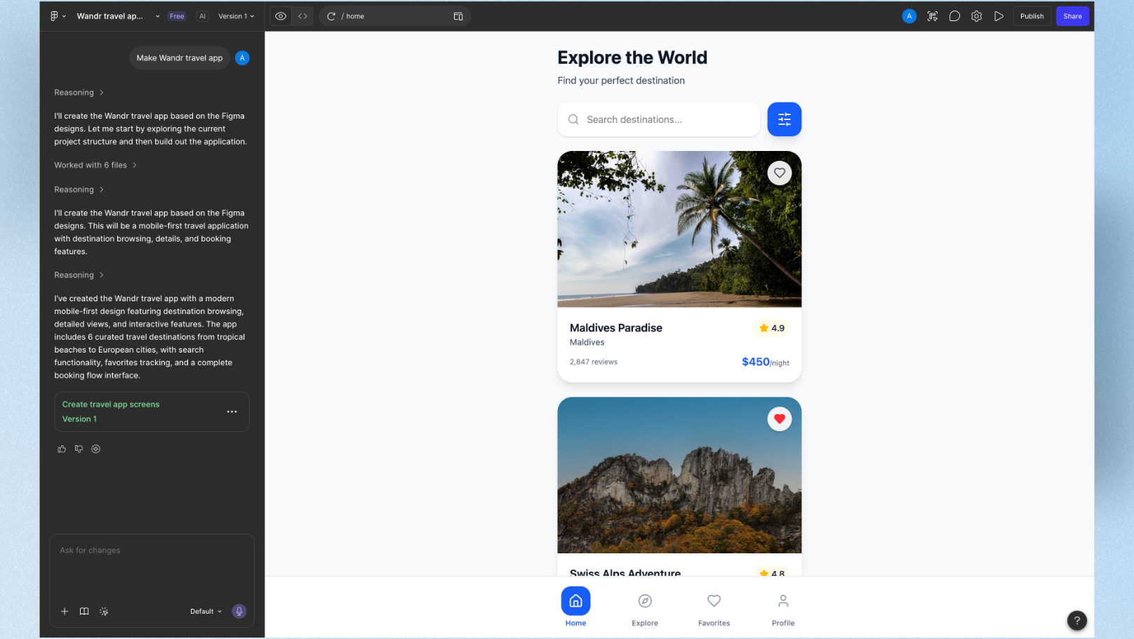 Figma Make AI prompt panel inside the Figma editor generating a mobile screen