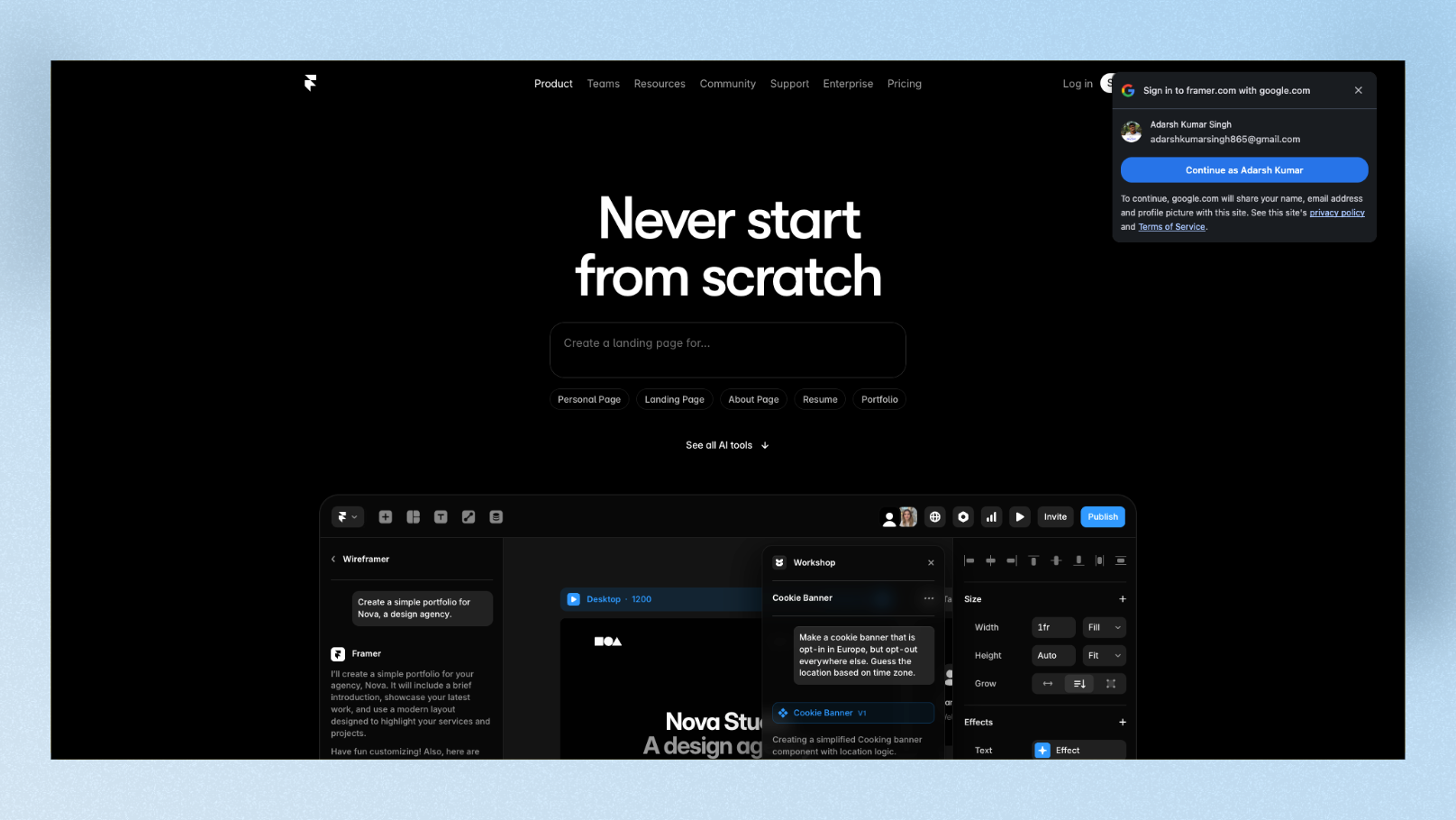 Framer AI generated landing page for Verdé with live publish button visible