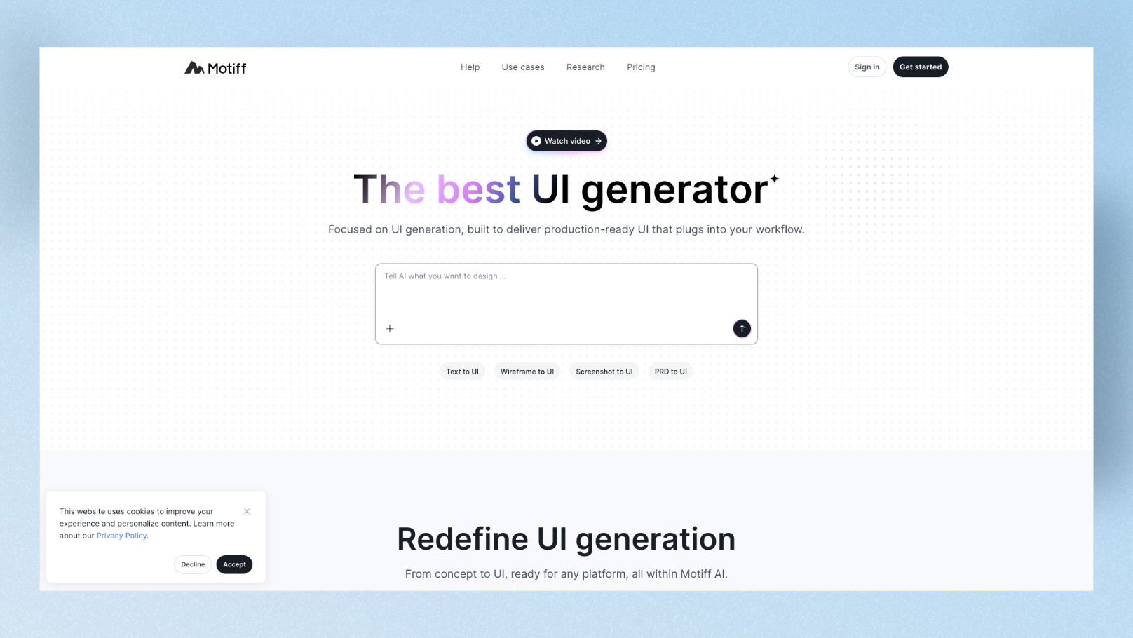 Motiff design canvas with code export panel showing React output