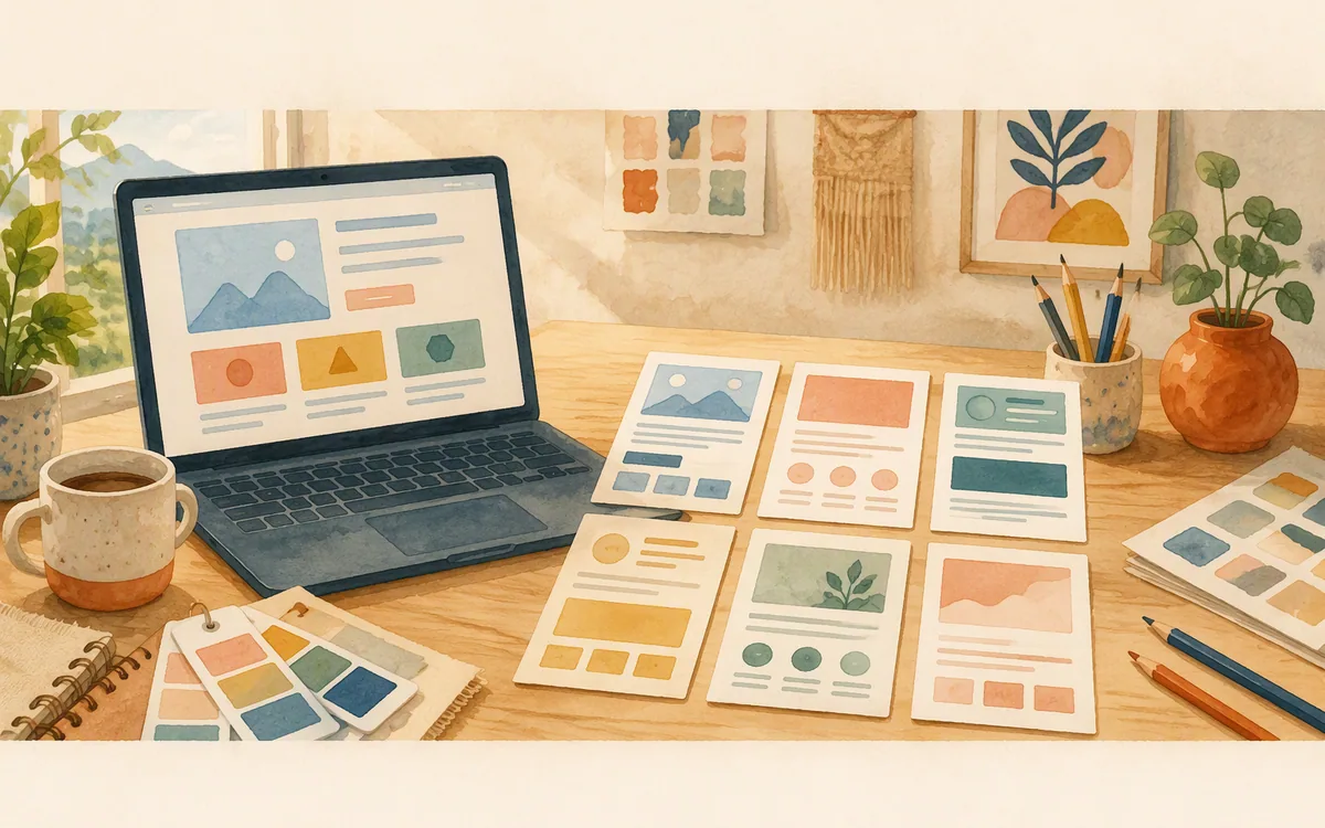 Painted desk scene with landing page concept cards and a laptop displaying a simplified colored page layout.