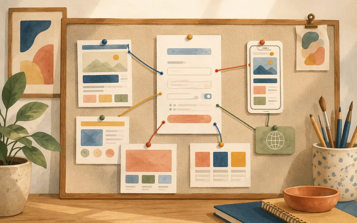 Painted pinboard showing connected landing page layout, form, mobile, and publishing elements.