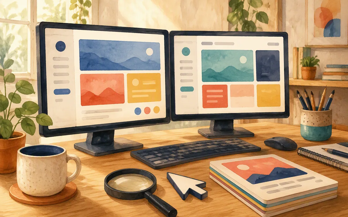 Painted desk with two alternative landing page layouts and tools for reviewing campaign variations.