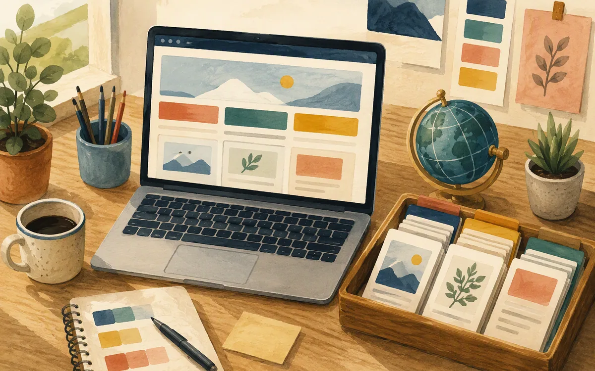 Painted workspace with a laptop, reusable content cards, and a publishing-themed object.