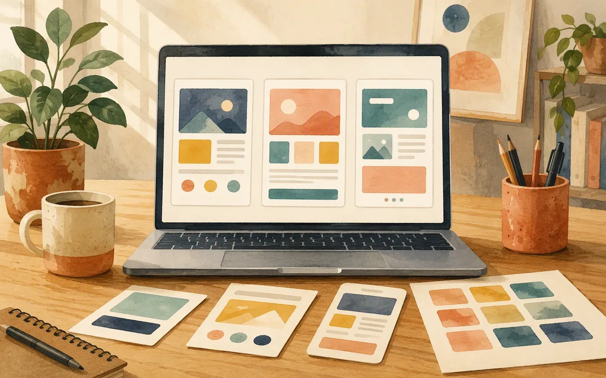 Hand-painted desk scene with a laptop showing alternative colored web page layout concepts and loose interface cards.