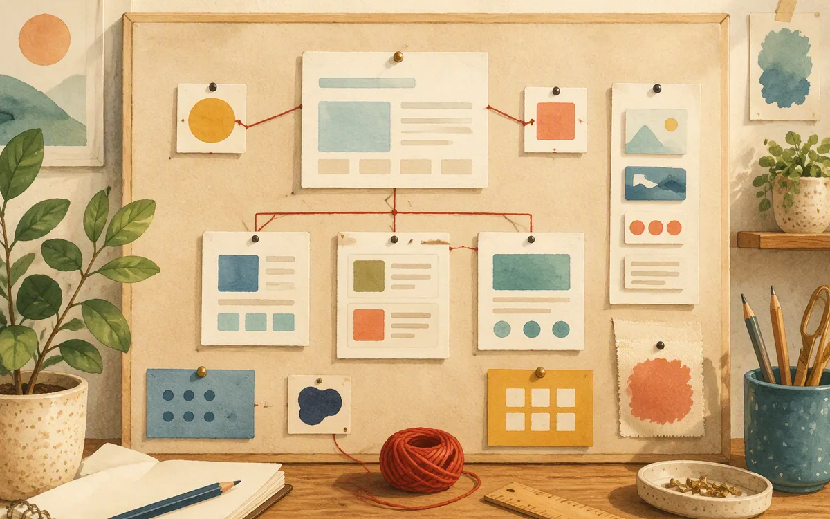 Hand-painted pinboard with connected page and component cards representing website planning and reusable design elements.