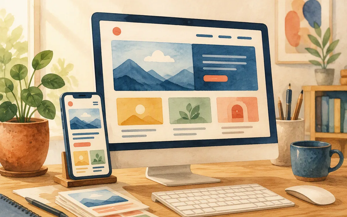 Hand-painted monitor and phone displaying simplified responsive page layouts with content cards on a desk.