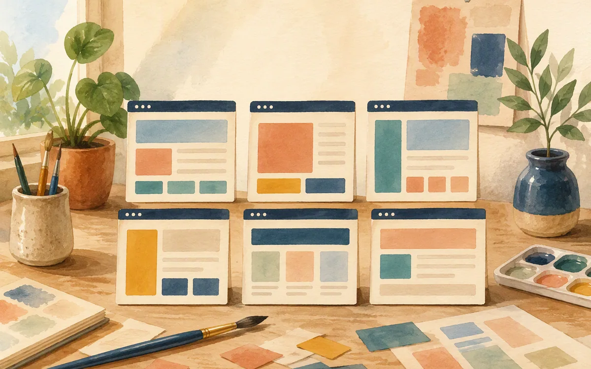 Painted desk scene with several small monitors showing different simplified website layouts.