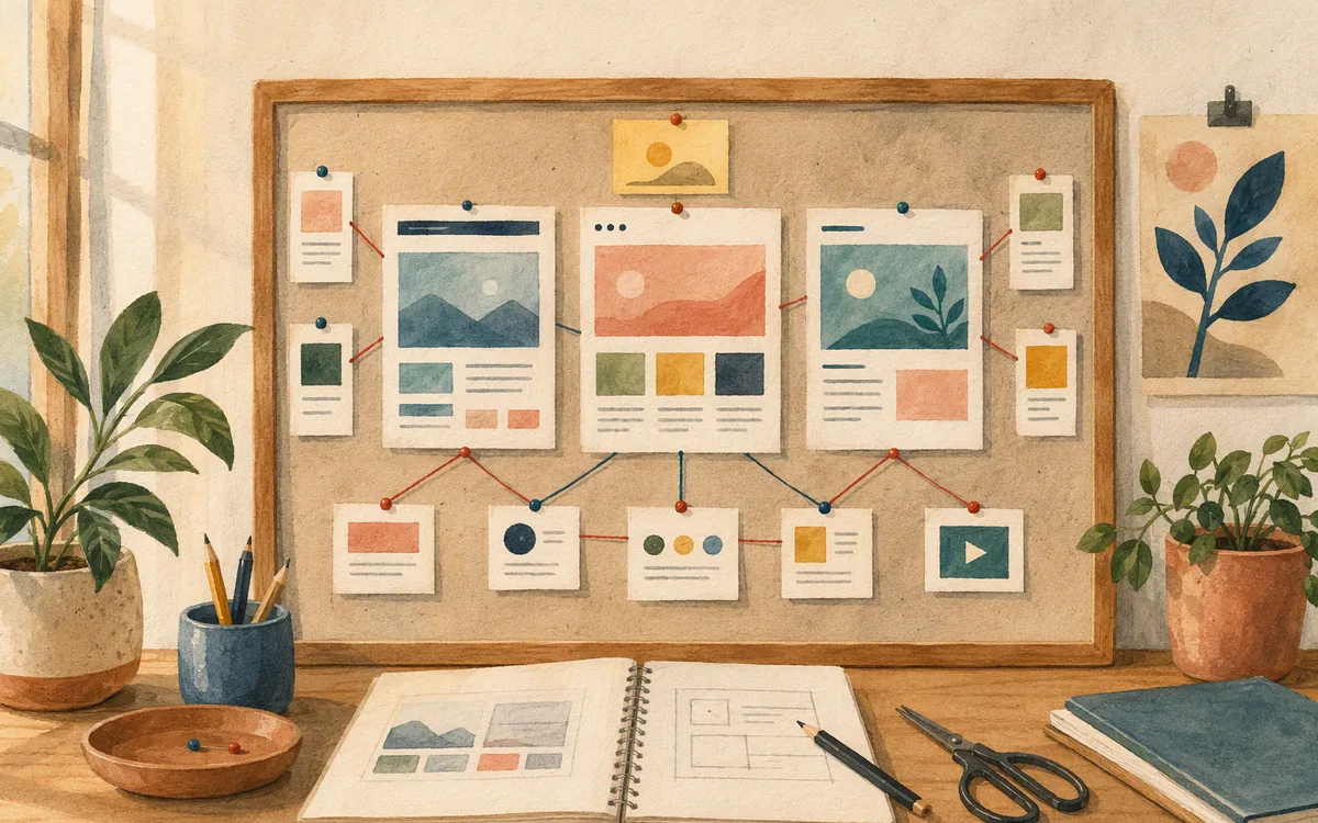 Painted pinboard showing website page cards linked to reusable content cards.