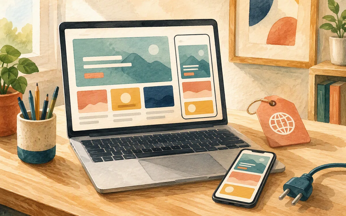 Painted laptop and phone displaying simplified responsive webpage layouts on a desk.