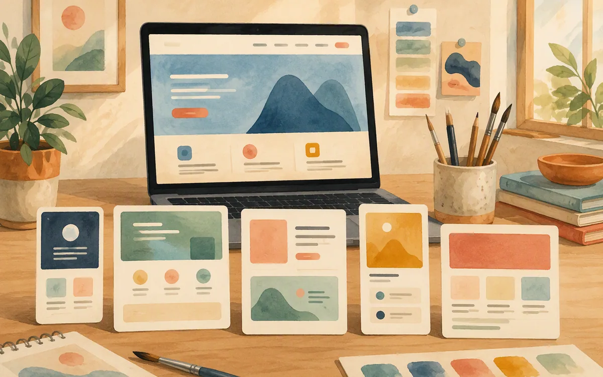 Hand-painted desk scene comparing several approaches to building a SaaS landing page.