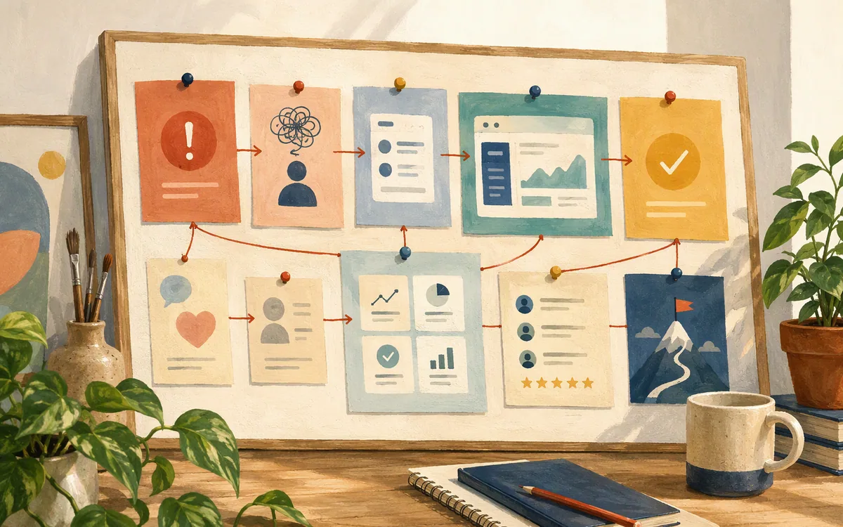 Hand-painted pinboard showing the building blocks of a SaaS landing page narrative.