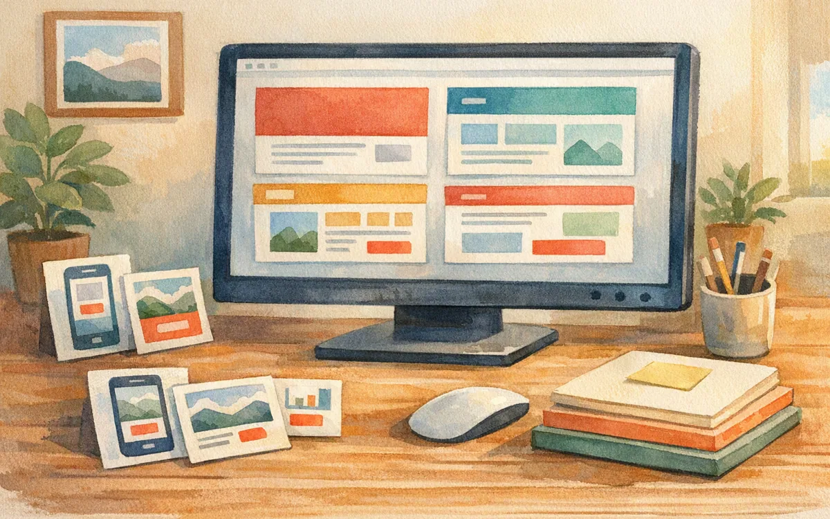 Hand-painted workspace showing multiple landing page variations for a SaaS campaign.