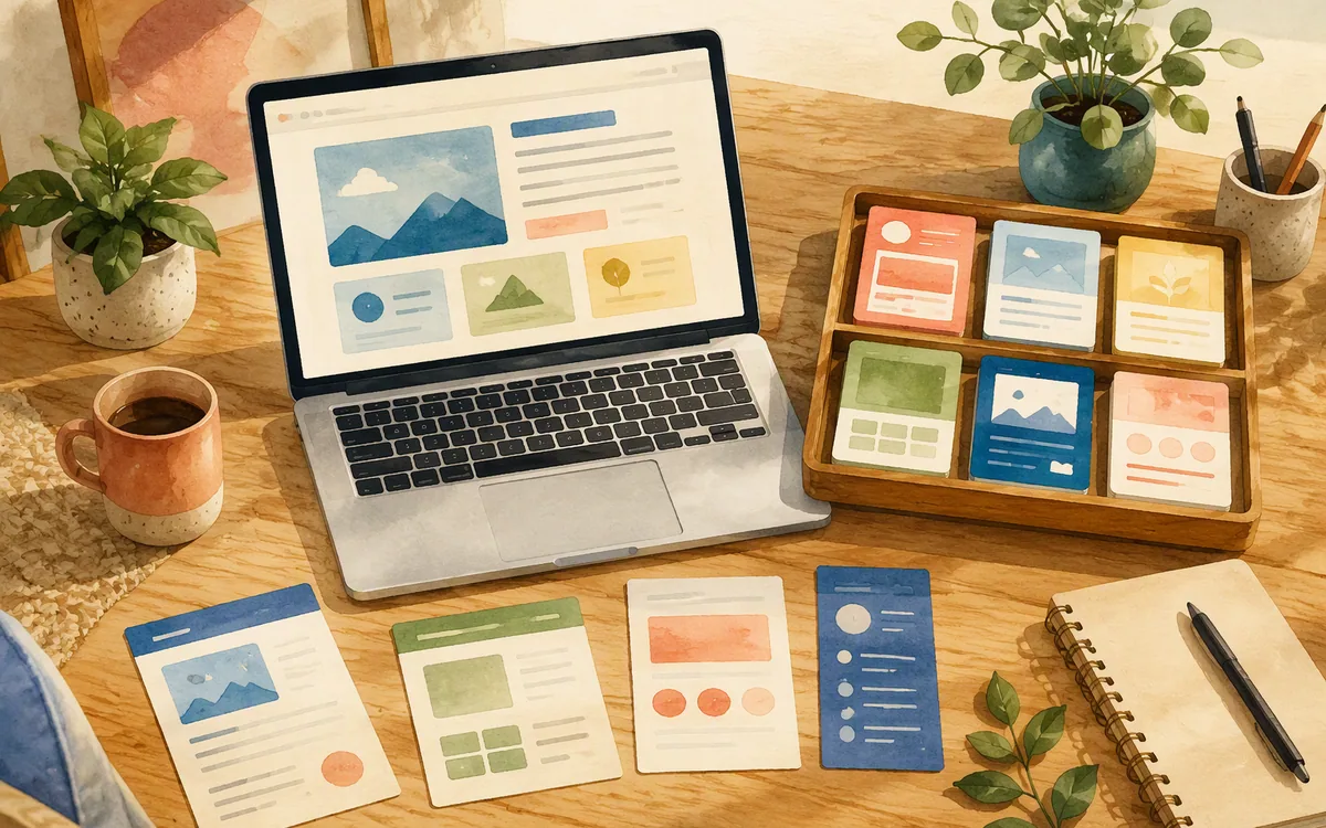Hand-painted laptop and reusable page modules for maintaining a SaaS marketing site.