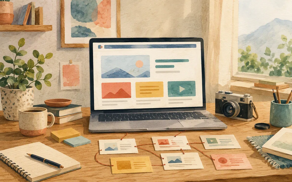 Painted desk scene with a laptop showing a simplified web page and cards representing structured content.