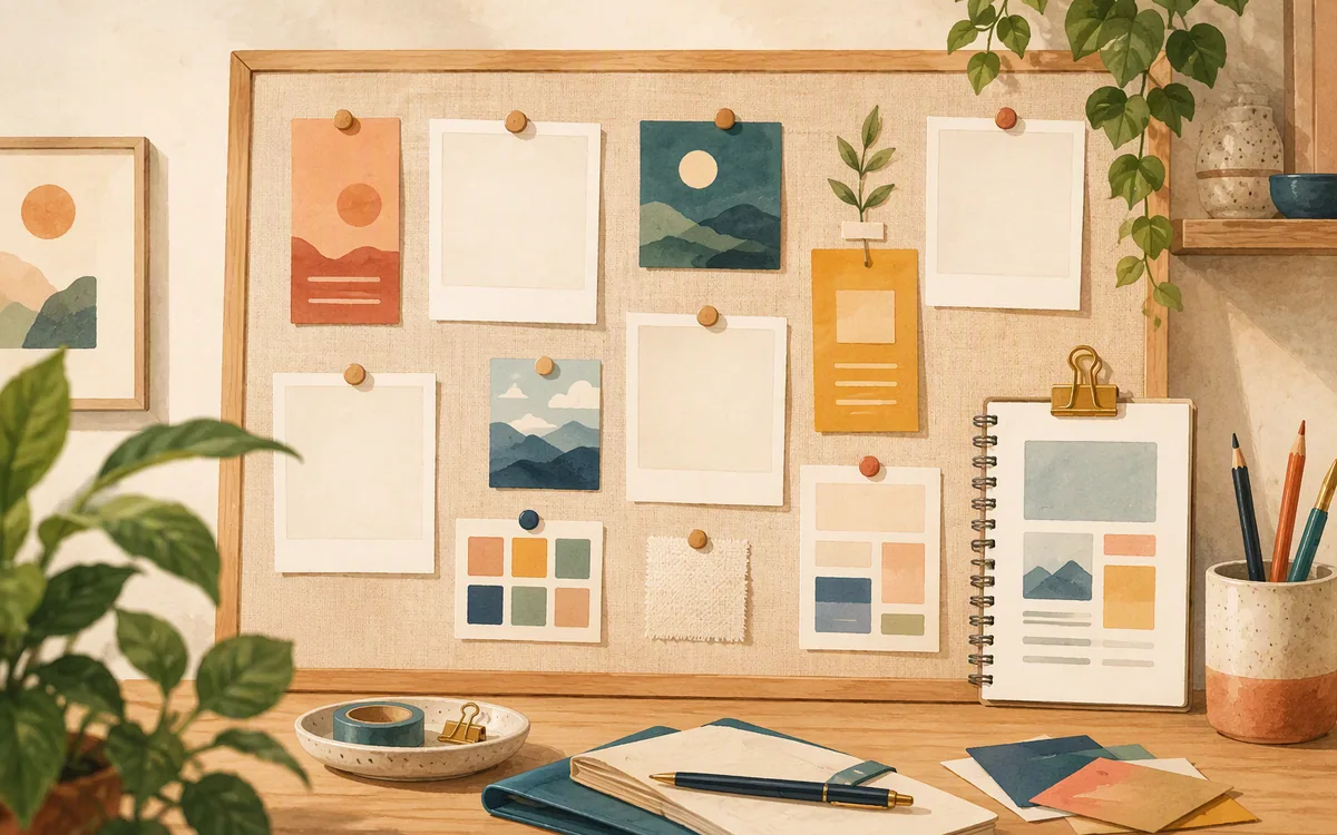 Painted pinboard illustrating repeatable content items arranged into a website layout pattern.