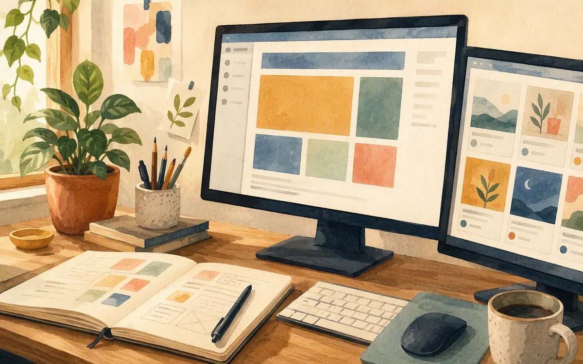 Painted studio with monitors showing a page builder layout and a structured content grid.