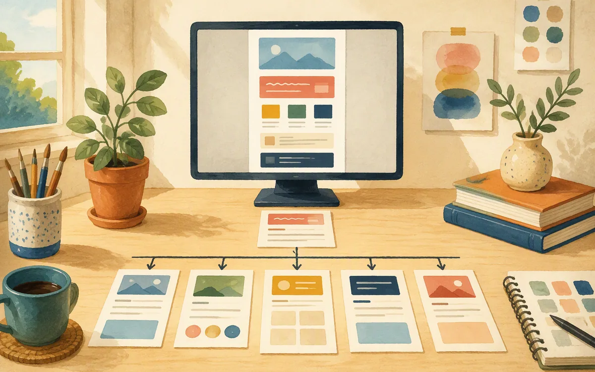 Illustration of a desk with a monitor showing a single page and cards representing a growing multi-page website.