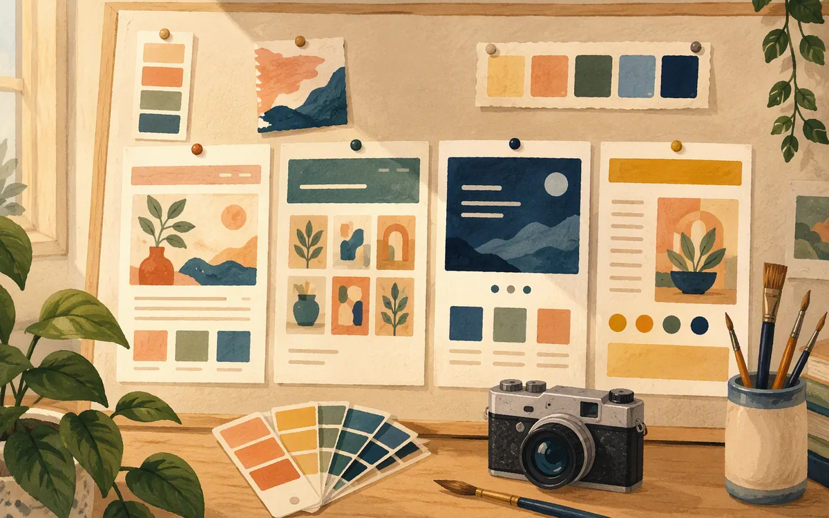 Illustration of a pinboard with website layout cards, art tools, and color swatches.
