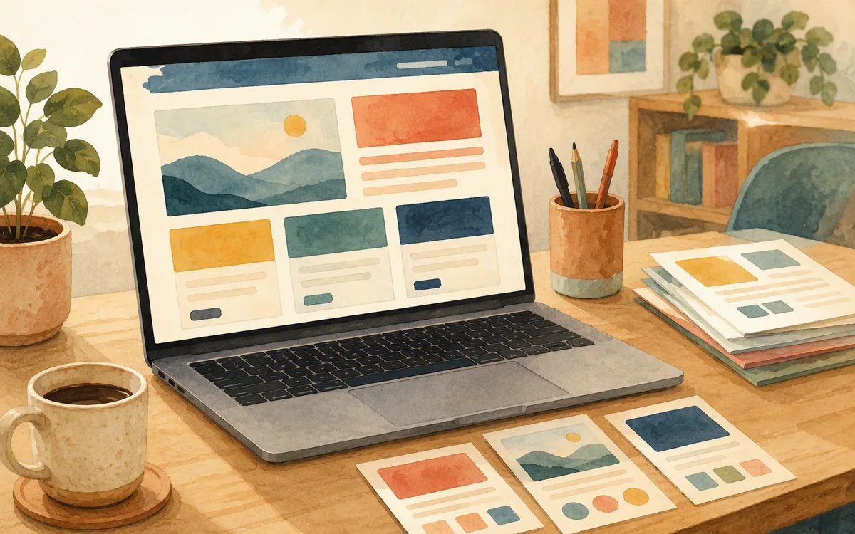 Illustration of a laptop with multi-page website layouts and reusable content cards.