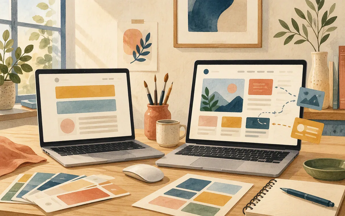 Hand-painted desk scene comparing a simple one-page layout with a more art-directed responsive page layout.
