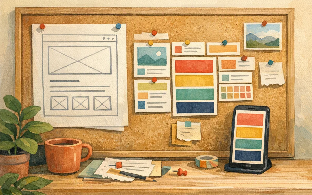Hand-painted pinboard showing the difference between a constrained one-page structure and a flexible responsive layout system.