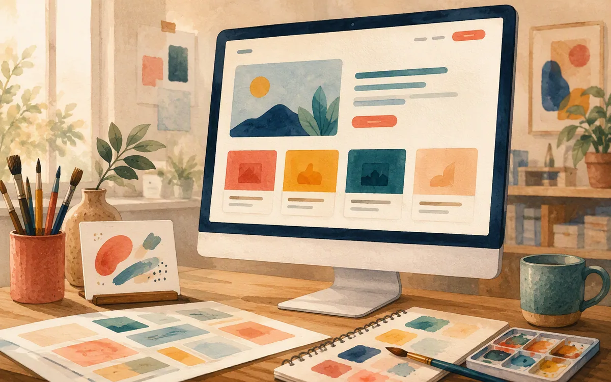 Hand-painted studio monitor with an abstract launch page, template sheets, and design tools.