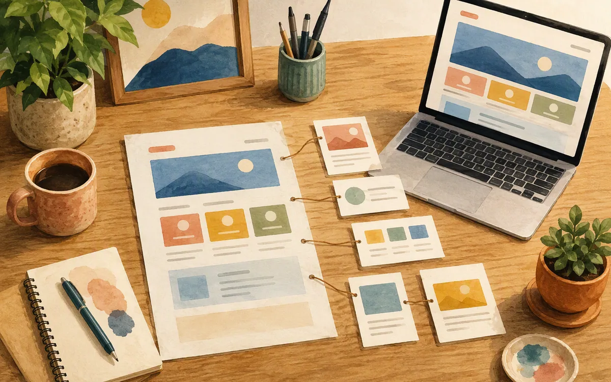 Hand-painted desk illustration of reusable content cards connected to a website page template.