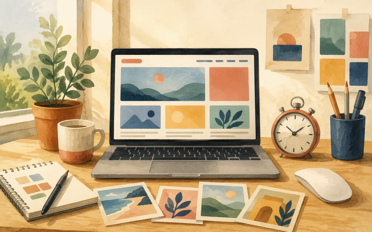 Painted desk scene with a laptop displaying a simple colour-block website layout and a stopwatch for rapid website creation.