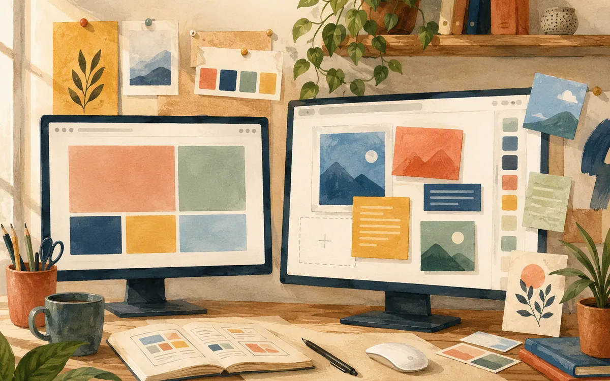 Painted studio desk with two monitors showing contrasting simplified website layout workflows.