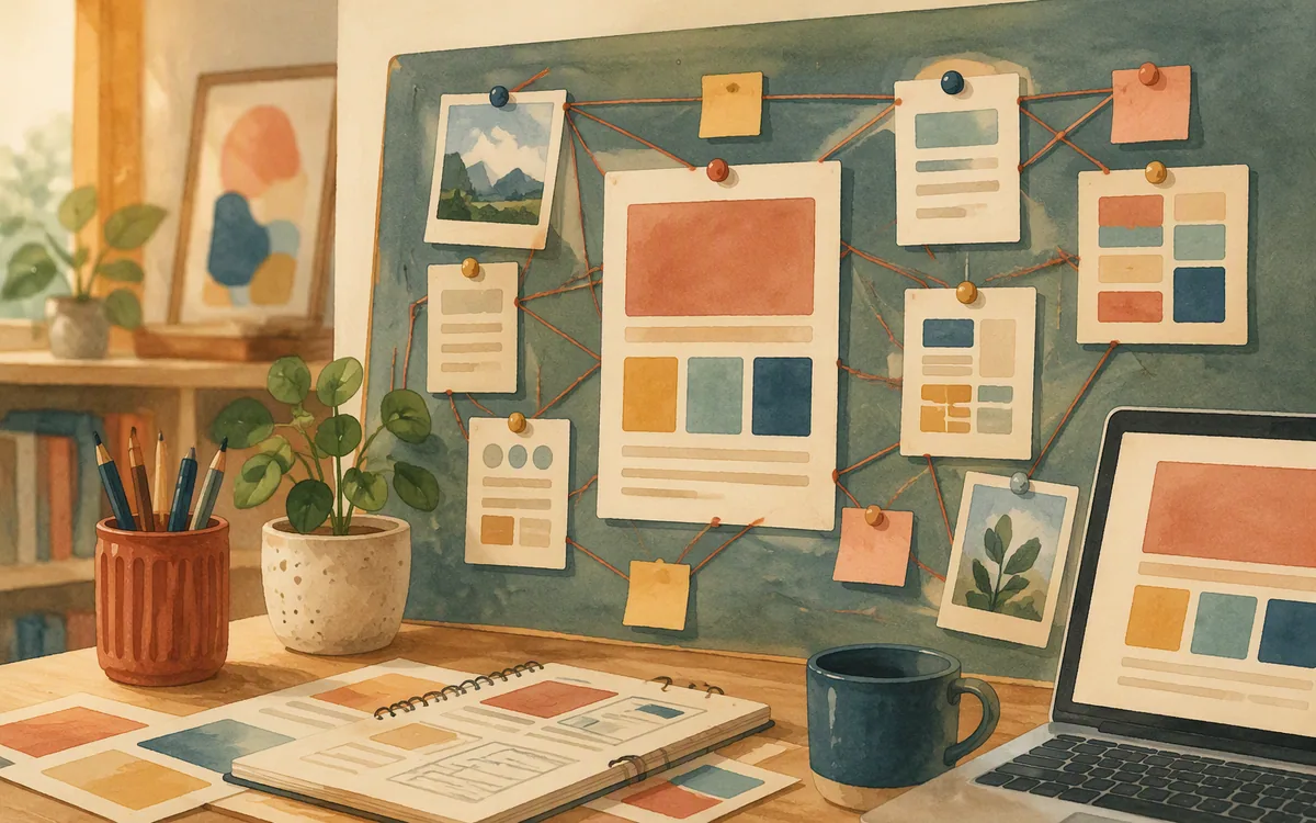 Painted pinboard and laptop representing repeatable website pages and organised content growth.
