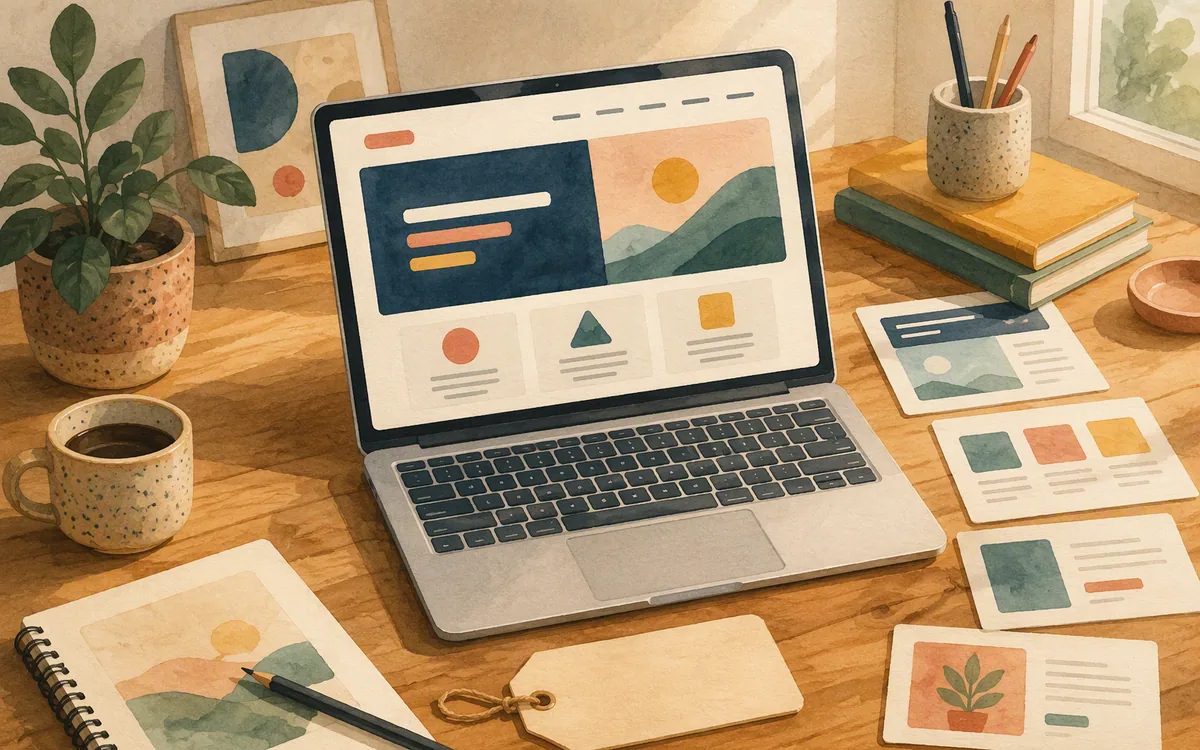 Painted desk with a laptop showing a polished marketing website layout and organised page cards.