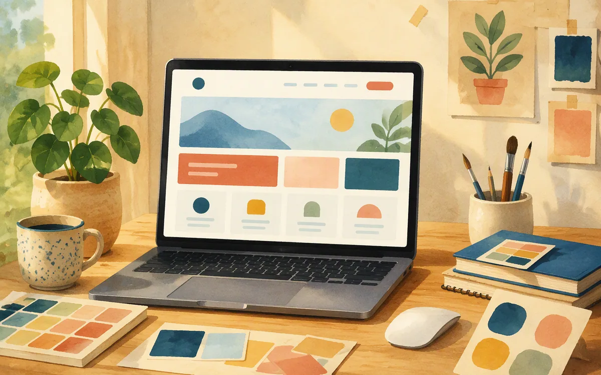 Painted desk scene with a laptop showing a simplified generated landing page and design materials.