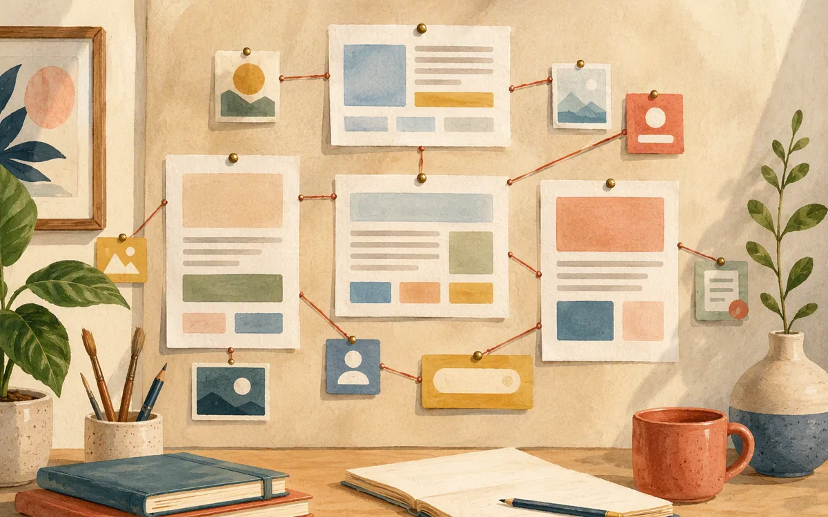 Painted pinboard showing blank website section cards arranged into a page structure.