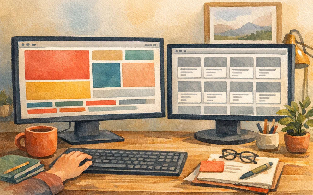 Painted studio workspace contrasting a visual page canvas with repeatable content templates.