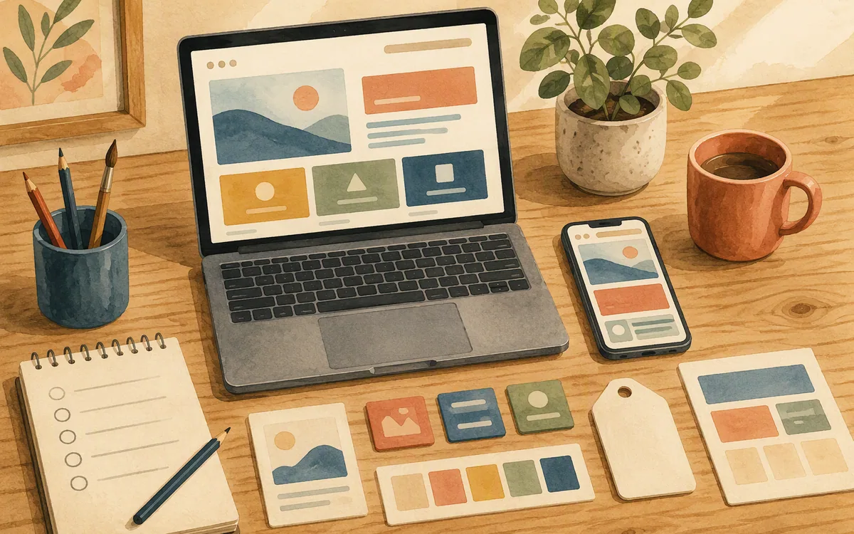 Painted desk scene representing testing a responsive website before publishing.