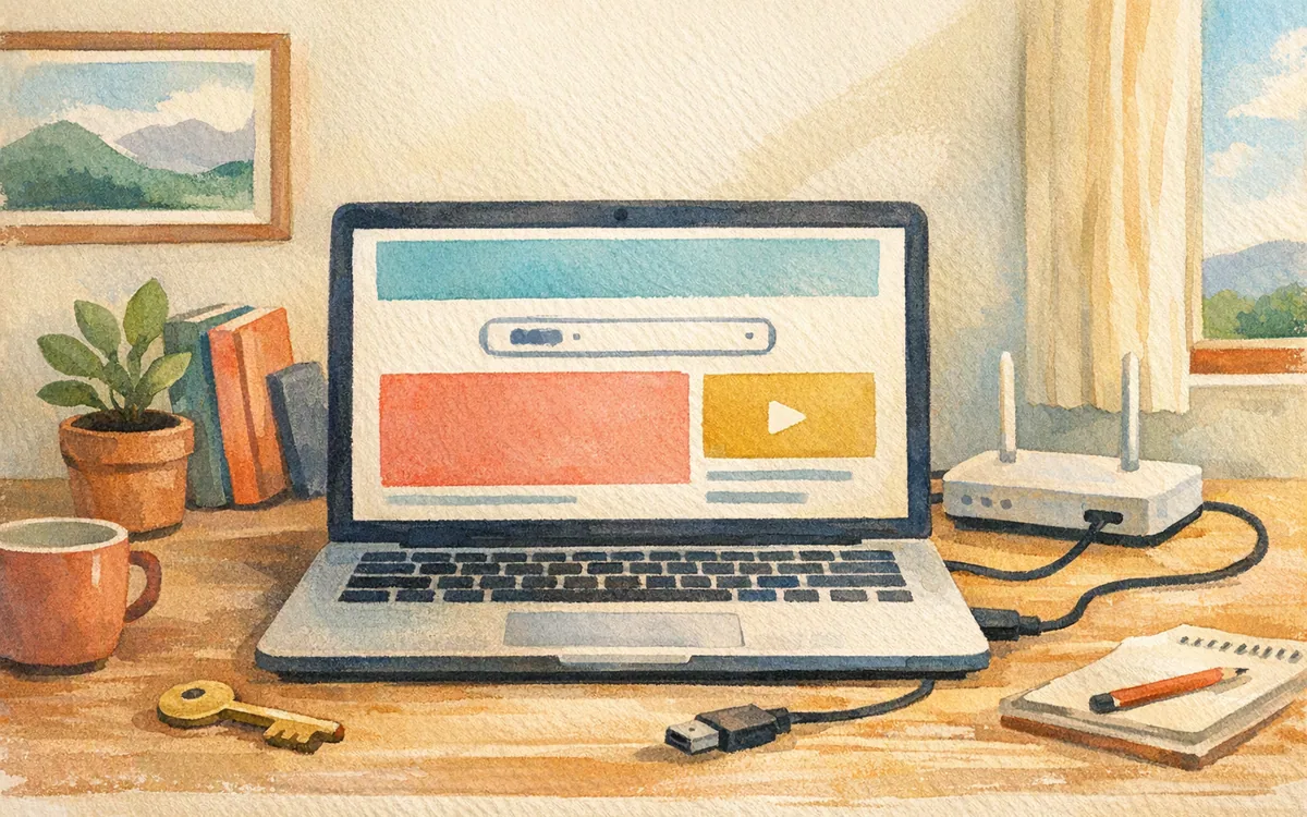 Hand-painted desk illustration of a landing page on a laptop with domain connection objects.