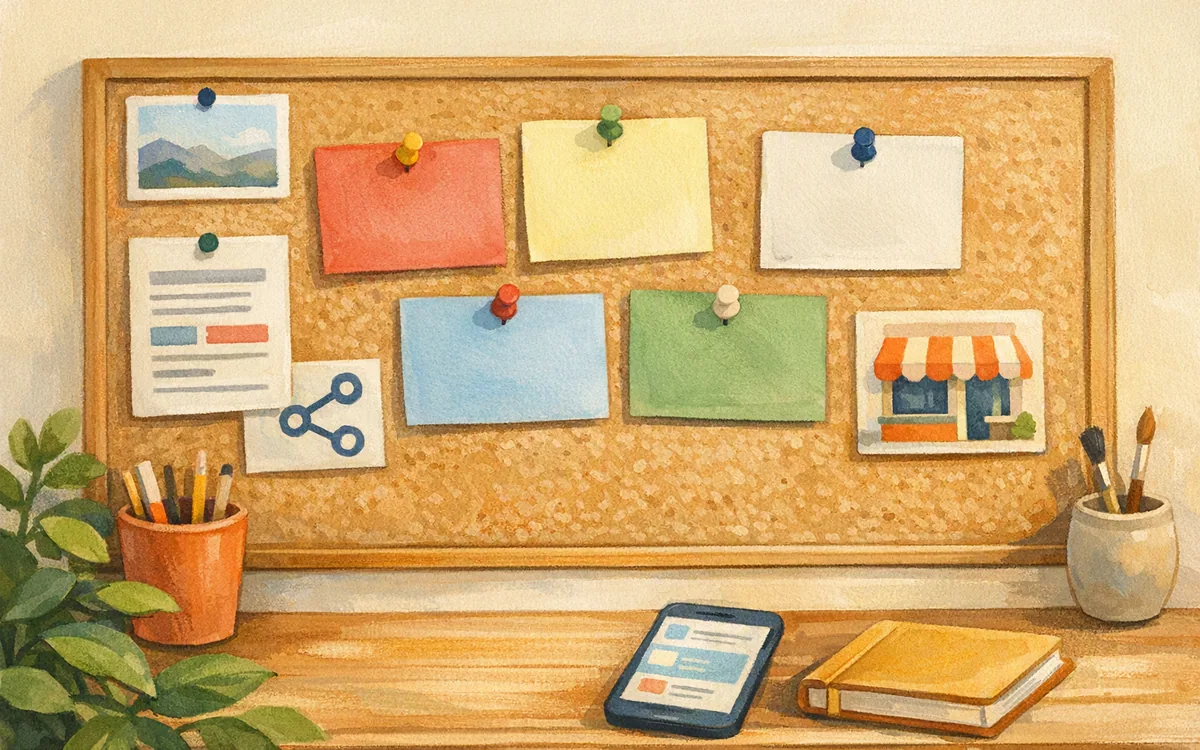 Hand-painted pinboard comparing landing page platform capabilities with blank page cards and generic feature objects.