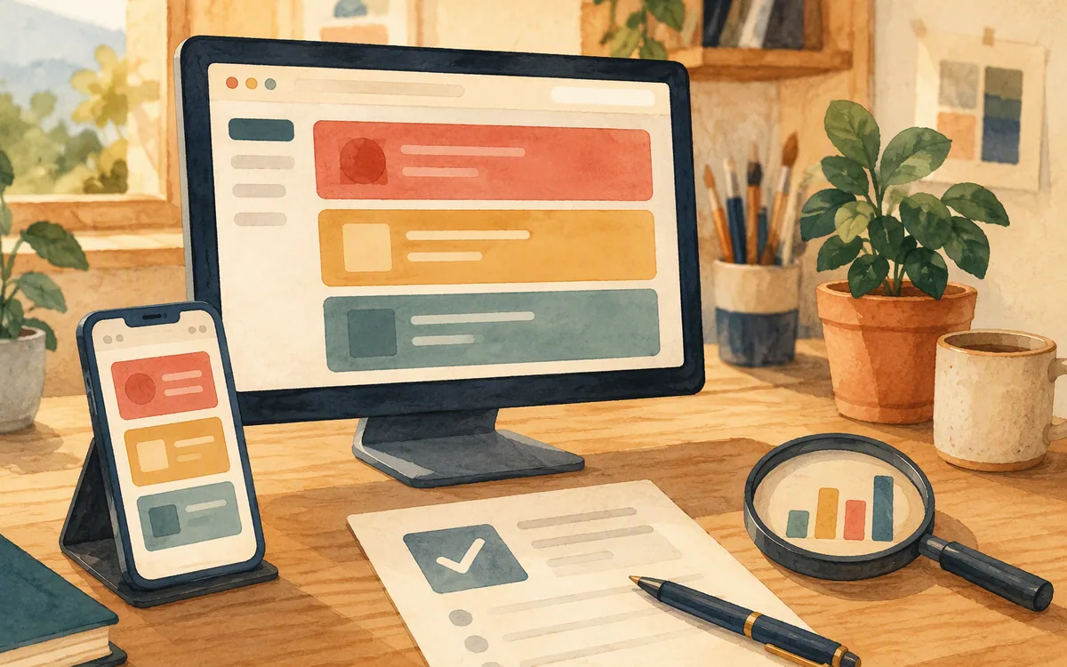 Hand-painted illustration of testing a responsive landing page, form, and campaign setup.