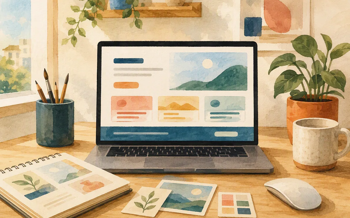Hand-painted desk with a laptop showing a simplified website layout and website-planning materials.