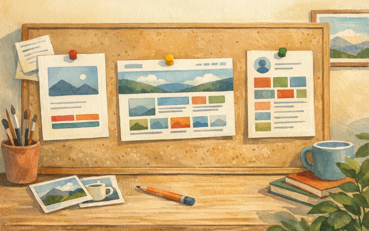 Hand-painted pinboard comparing three types of website page layouts.
