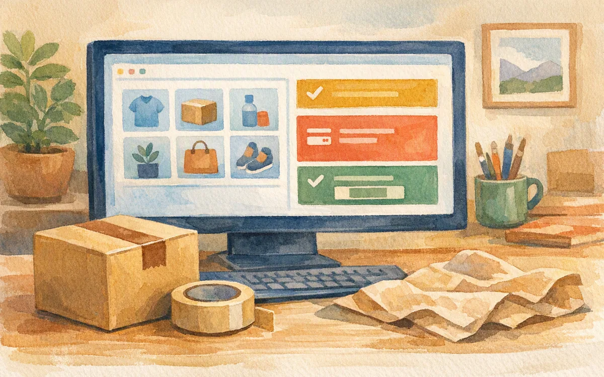 Hand-painted workspace illustrating the planning of a small online store website.