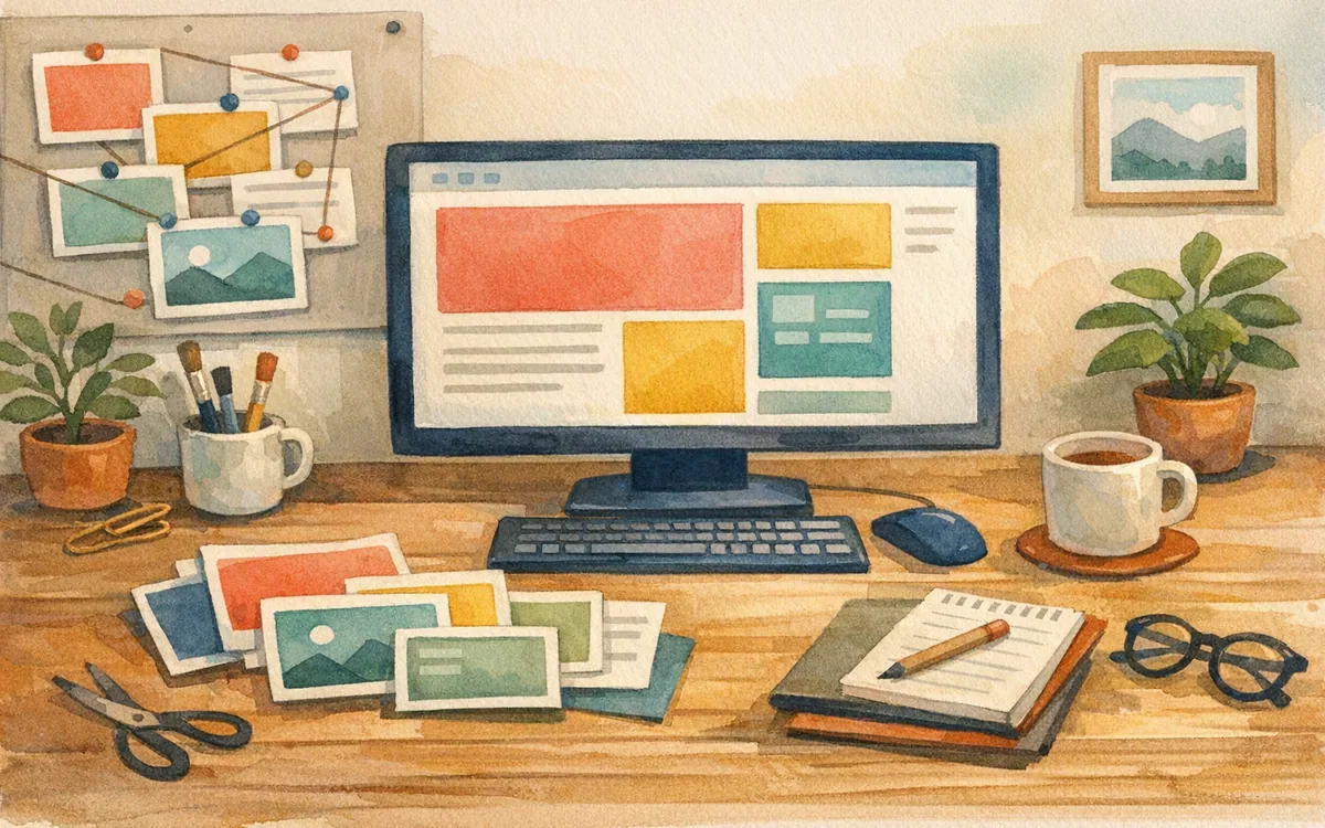 Hand-painted illustration of a reusable website template connected to repeated content cards.