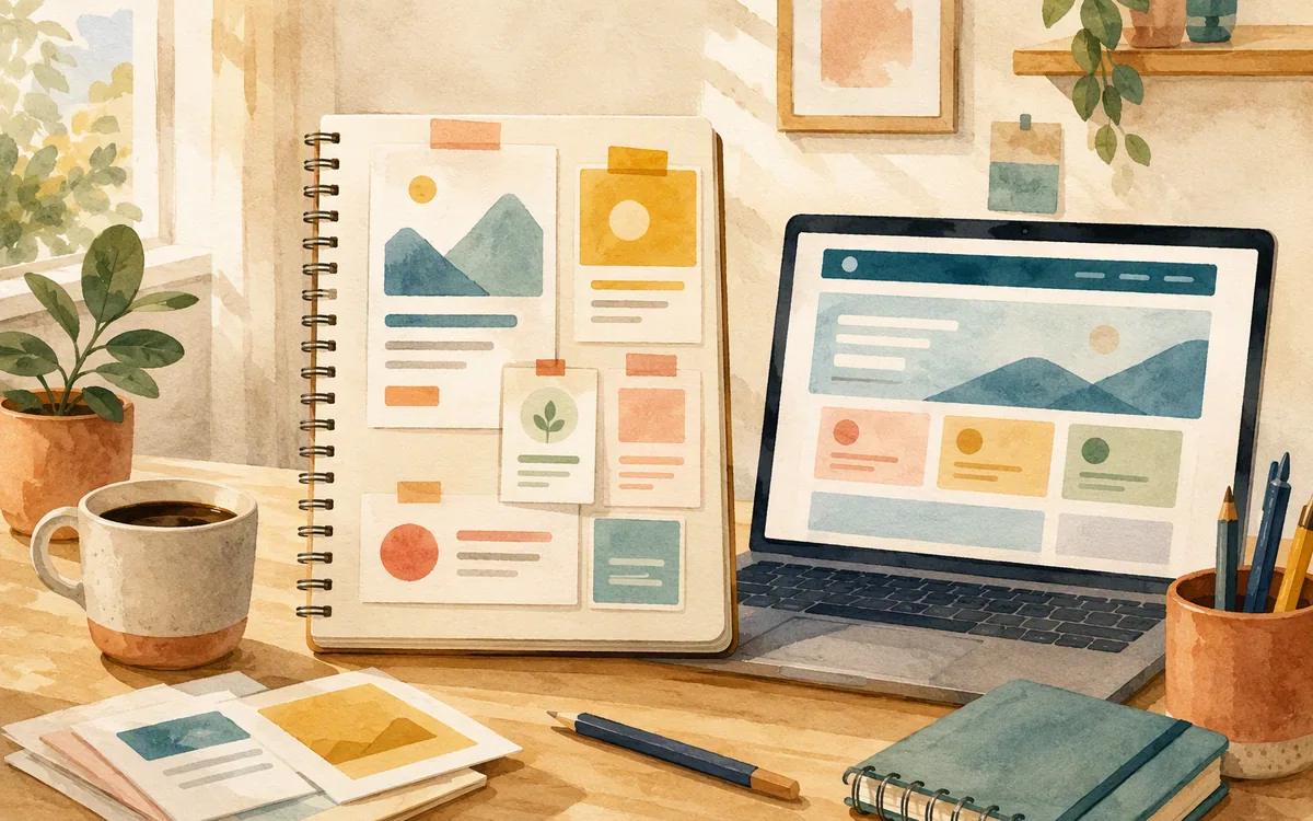 Hand-painted desk scene showing planning materials beside a laptop with a simplified landing page layout.