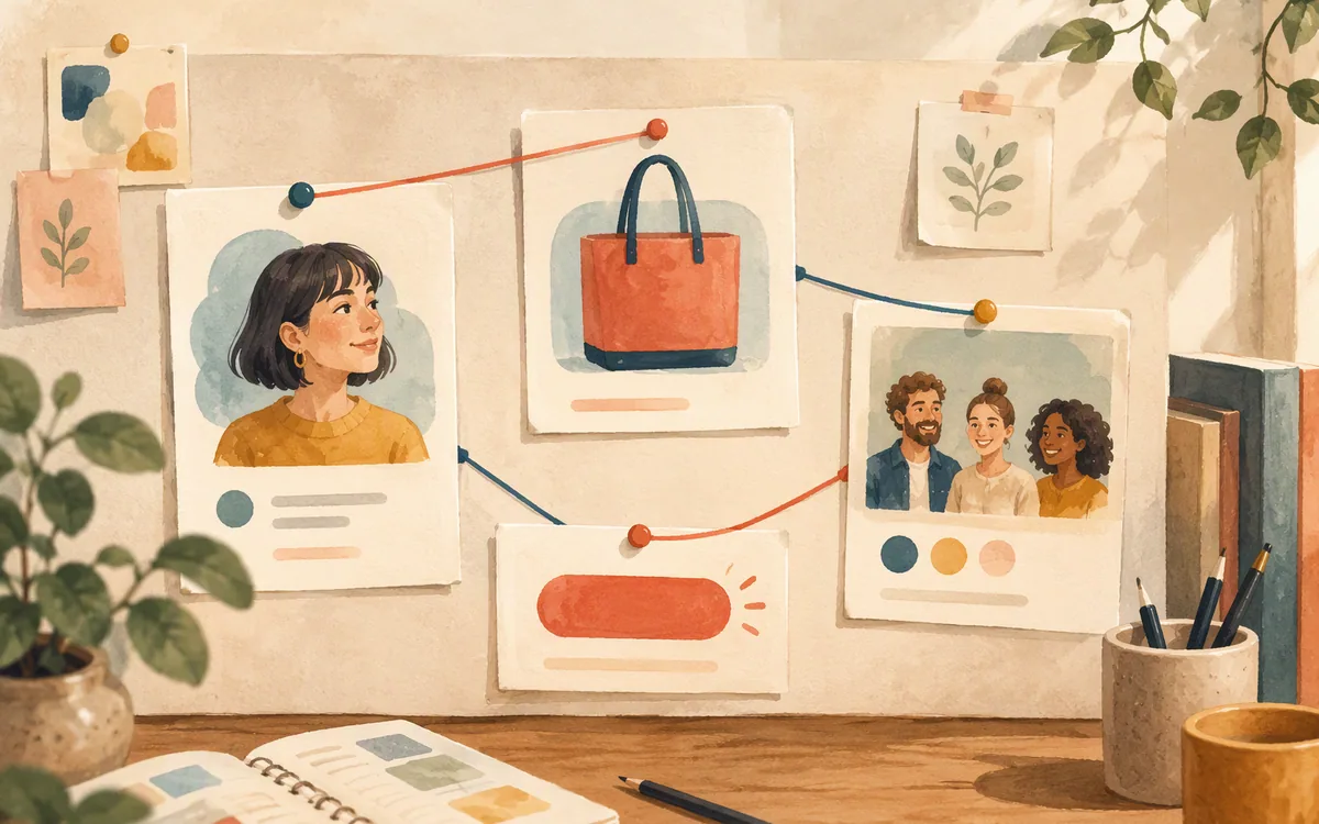Hand-painted pinboard showing the visual ingredients of a focused landing page message.