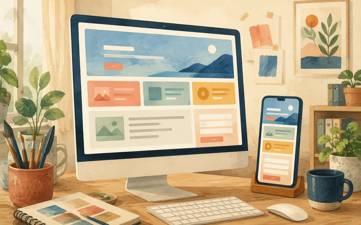 Hand-painted monitor and phone showing desktop and mobile landing page layouts.