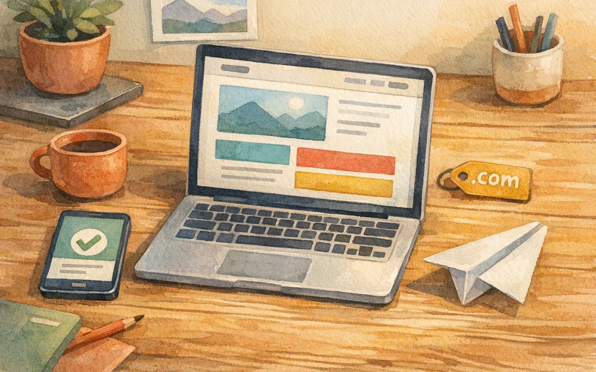 Hand-painted desk scene representing a published landing page and a tested form submission.