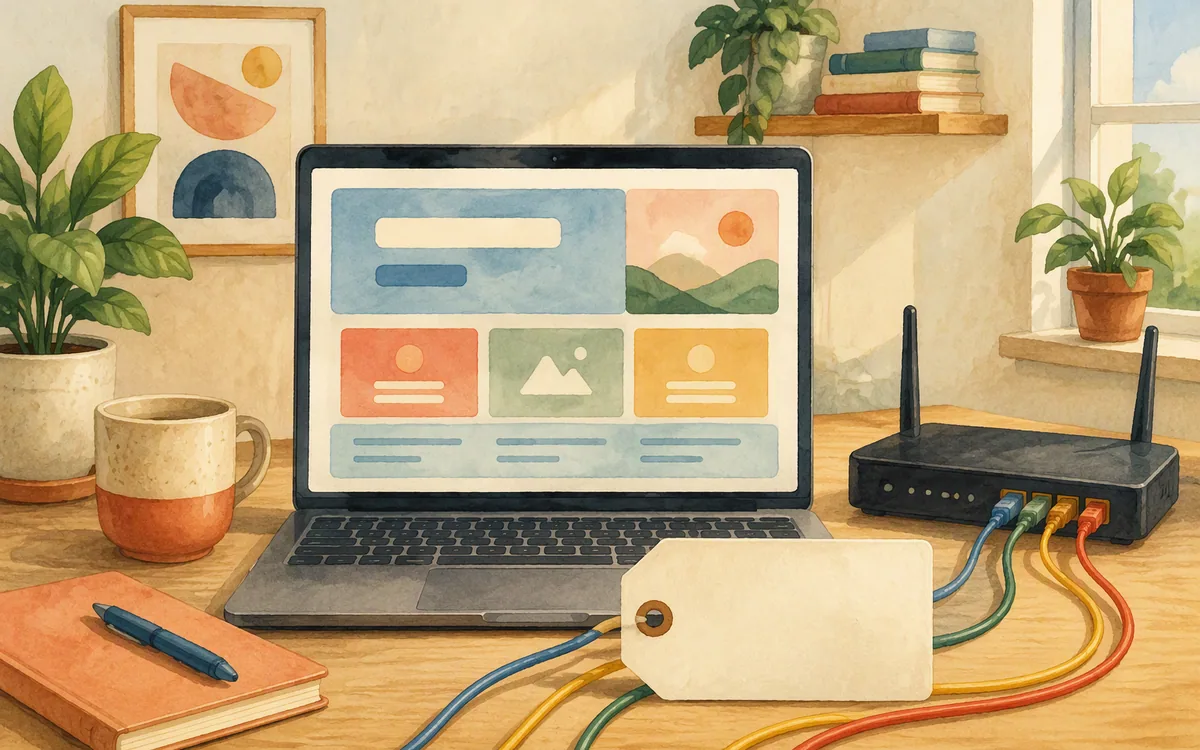 Painted desk illustration of a laptop with a simplified landing page and cables representing a custom domain connection.