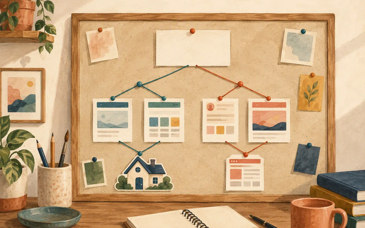 Painted pinboard illustration showing two possible domain-routing paths for a main site and campaign page.