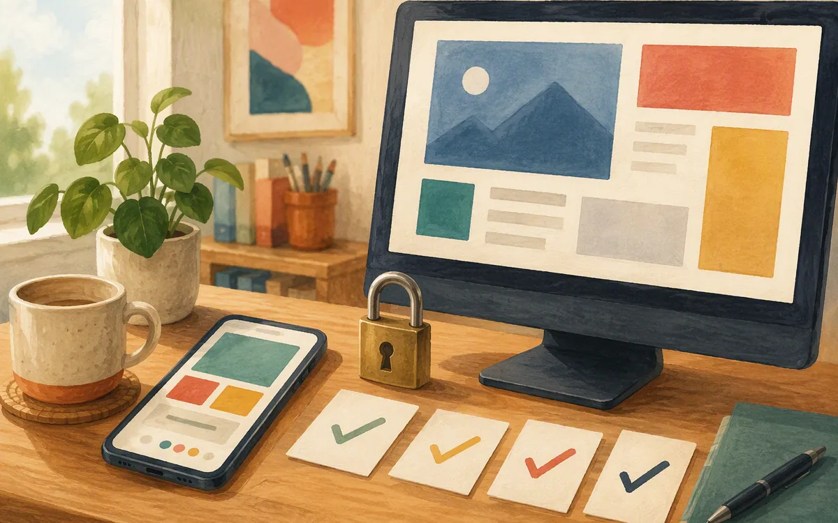 Painted studio scene representing secure landing page checks across desktop and mobile.